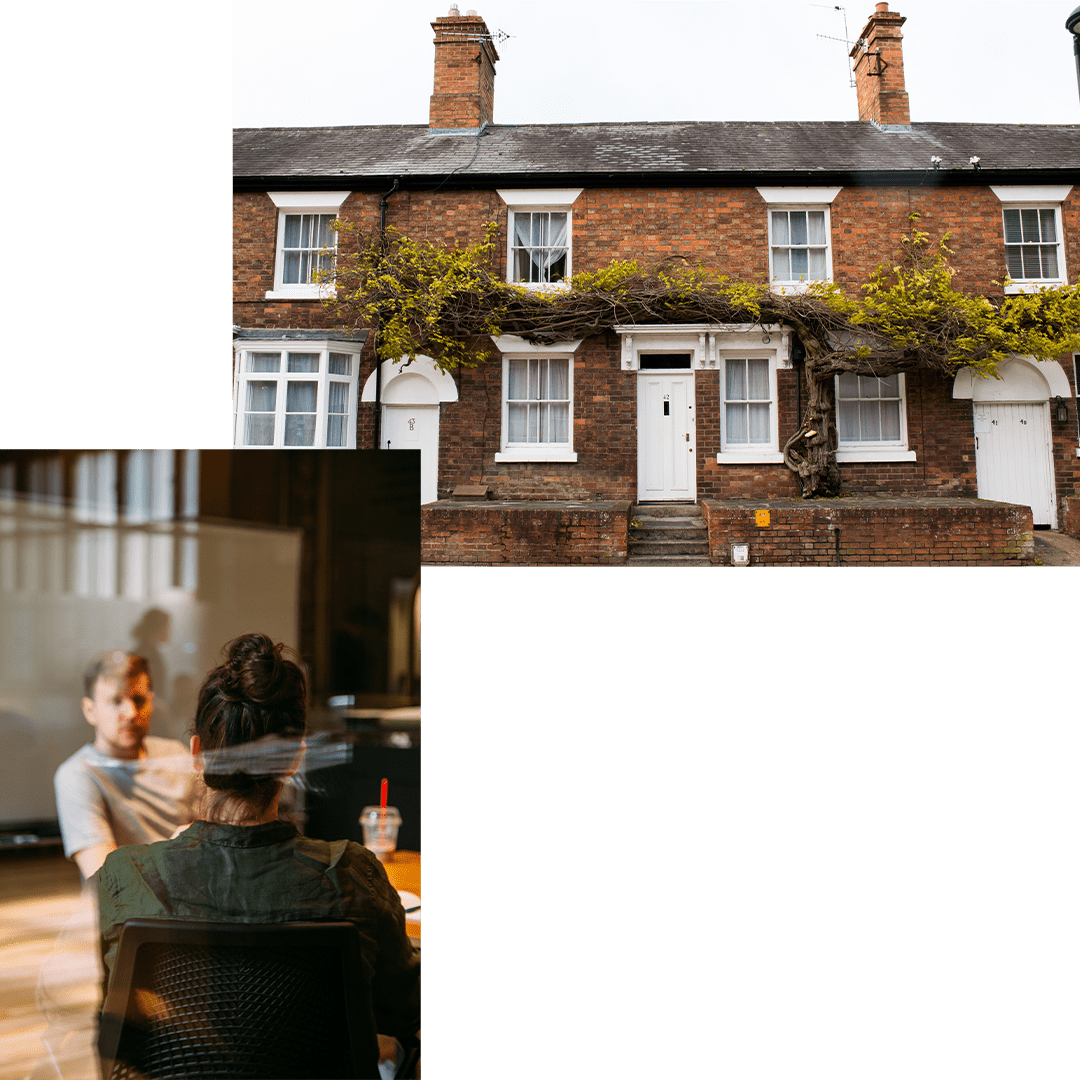 Two people talking and a Terraced House