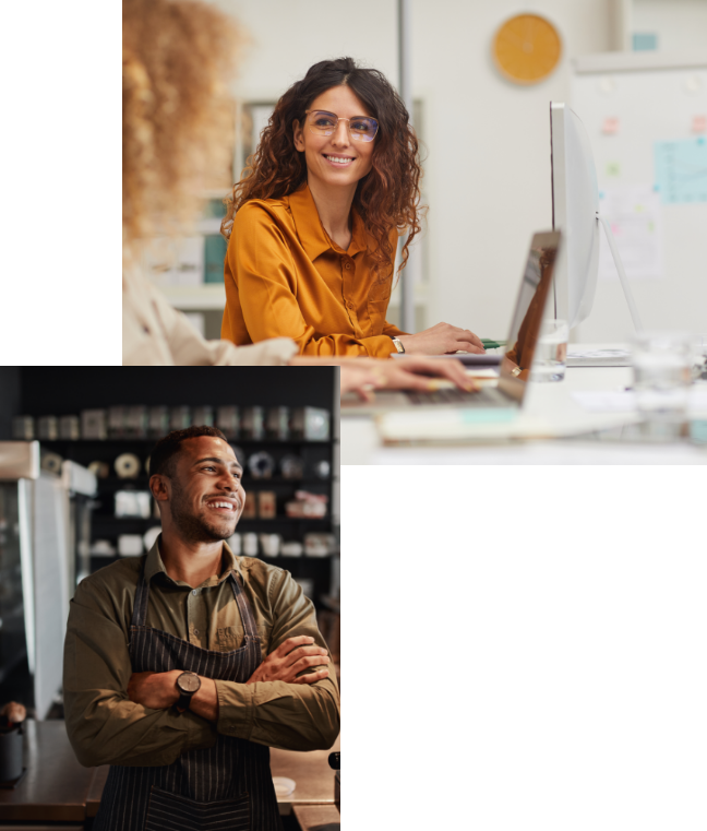 image of women at desk combined with man at counter