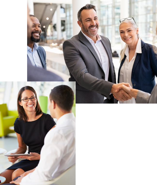 Group of images showcasing people shaking hands and being in a meeting